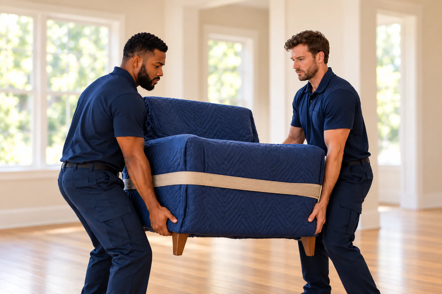 Professional movers carrying a protected armchair inside a Spring Hill home Professional movers carrying a protected armchair inside a Spring Hill home