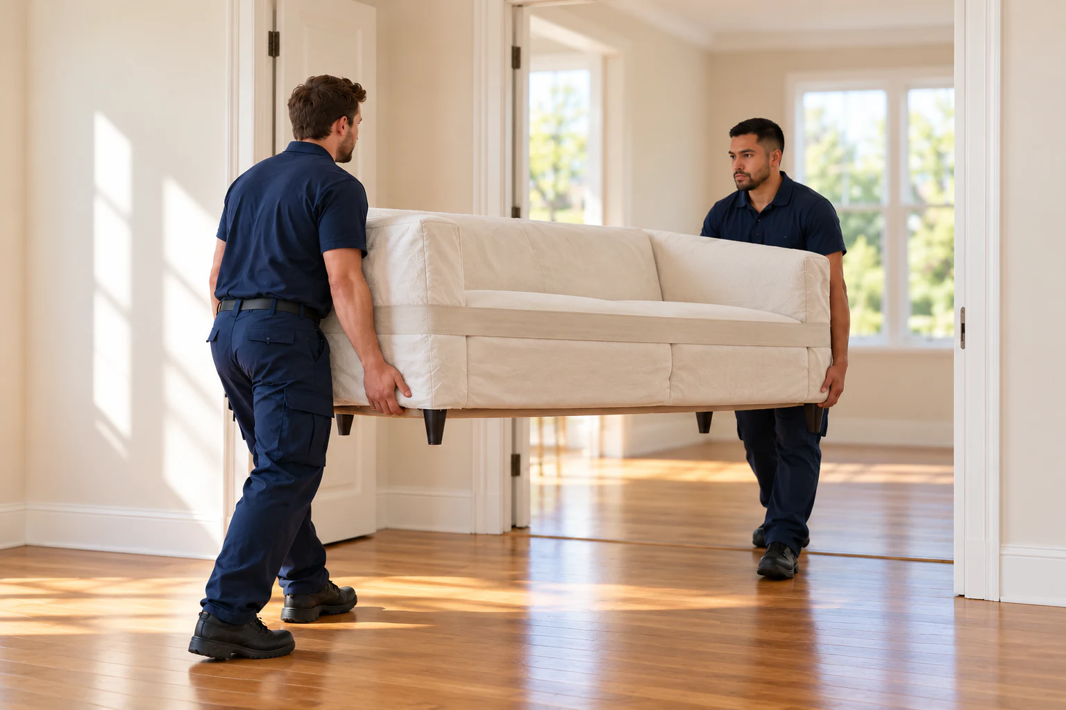 Movers carrying a protected sofa inside a Spring Hill home Movers carrying a protected sofa inside a Spring Hill home